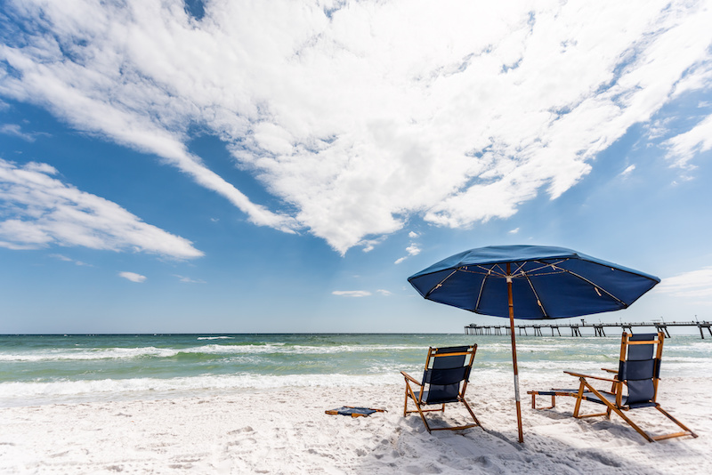 Beach chairs and umbrella on Fort Walton Beach Florida